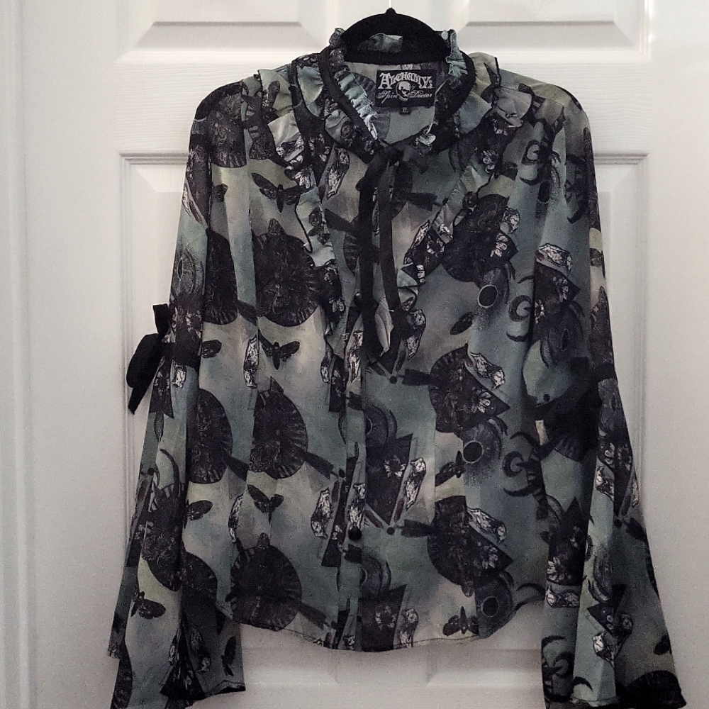 Spin Doctor Deathhead Moth Chiffon Button-Up Top